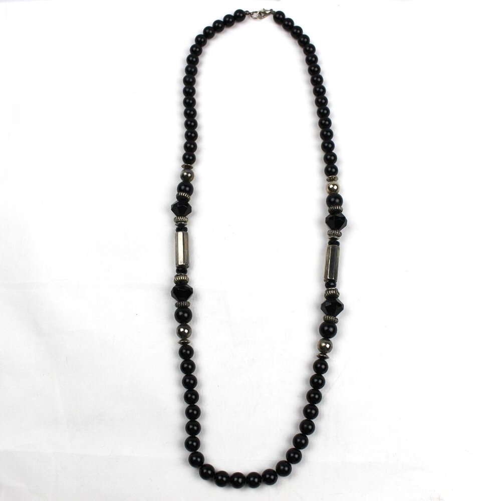 Vintage Faux Pearl Black Bead Silver Tone Estate Necklace VTG